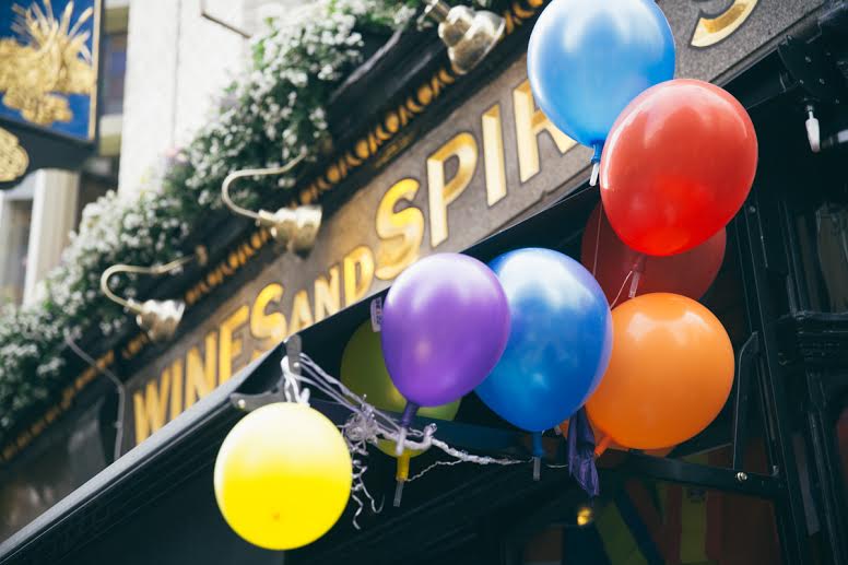 Wines and Spirits with colourful balloons in Soho