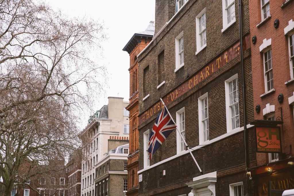 house of charity with union jack in Soho