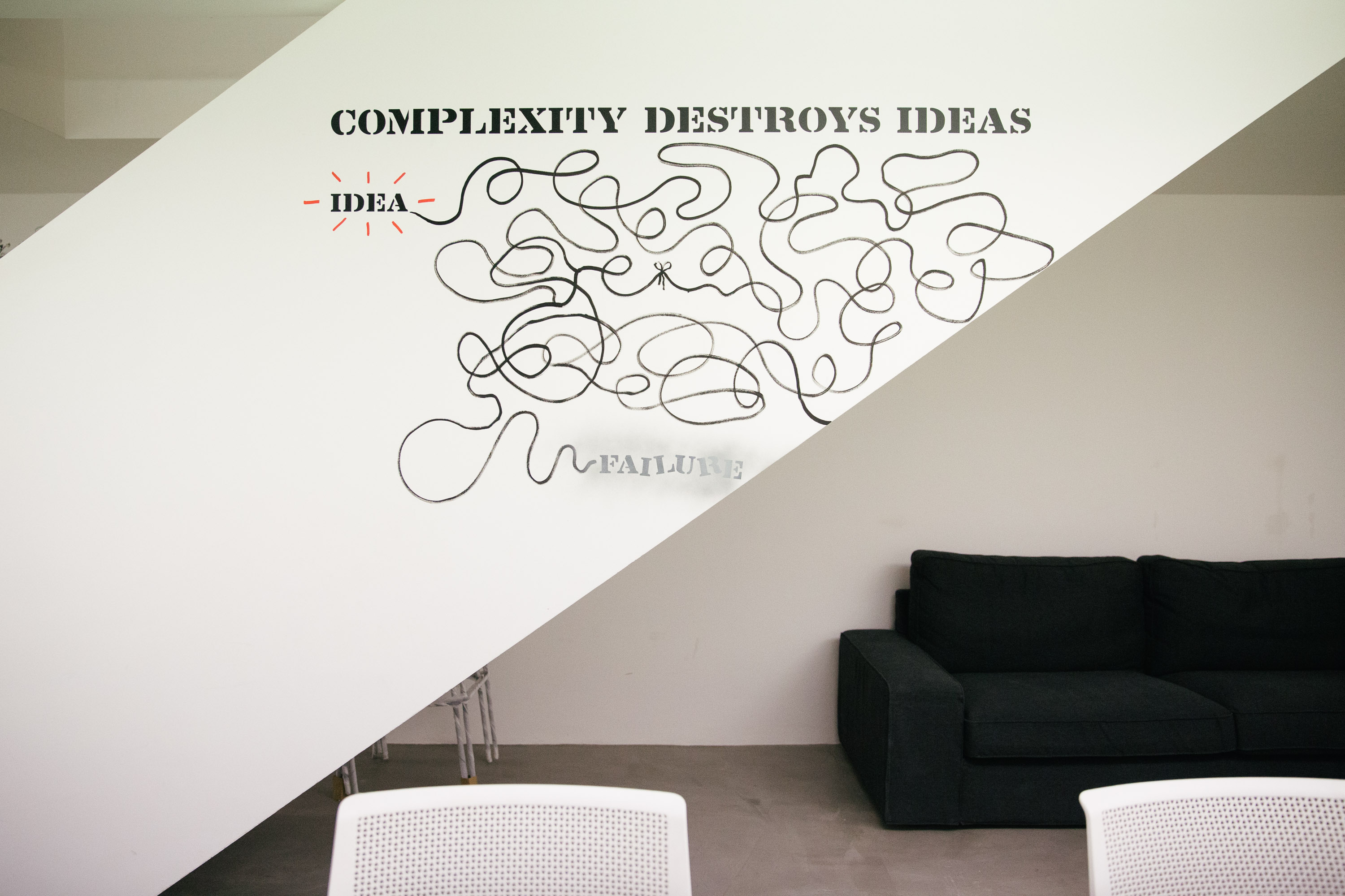 complexity destroys ideas art on wall of The Garage Soho office